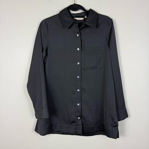 Soft Surroundings Blouse Women Med Peal Button Down Collared Long Sleeve Black
